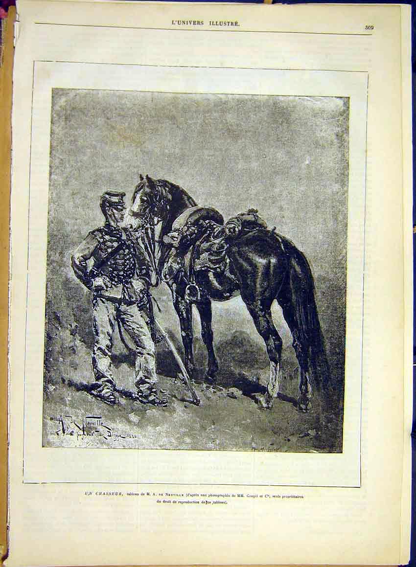 Original Old Antique Print Chasseur Portrait Neuville Horse Guard 1881 Victorian