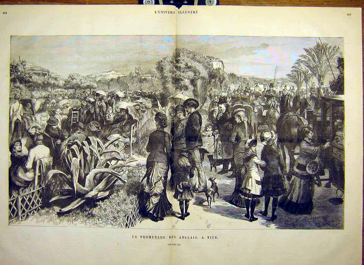 Original Old Antique Print English Promenade Nice Italy Italian French 1881