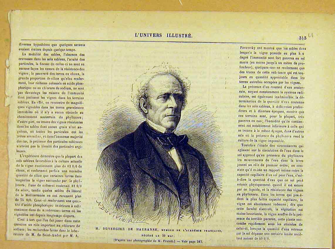 Original Old Antique Print Portrait Hauranne French Academy 1881 19th
