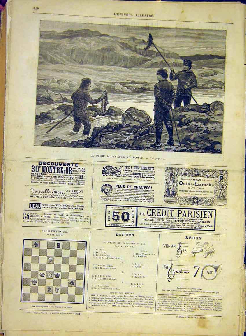 Original Old Antique Print Salmon Fishing Scotland Scottish Fish French 1881