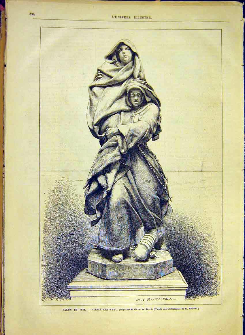 Original Old Antique Print Statue Christianism Dore Religious French 1881 19th