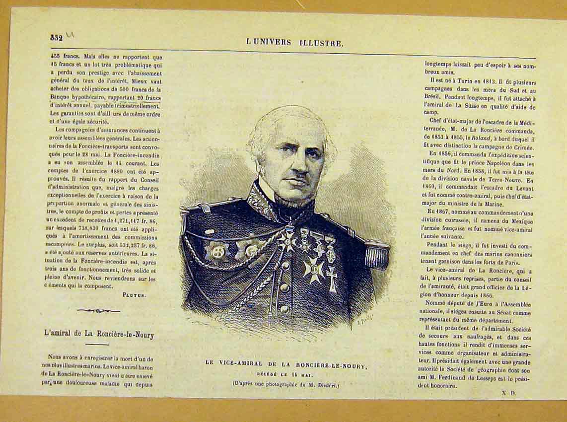 Old Antique Print Portrait Vice-Admiral Ronciere-Le-Noury Military 1881 19th