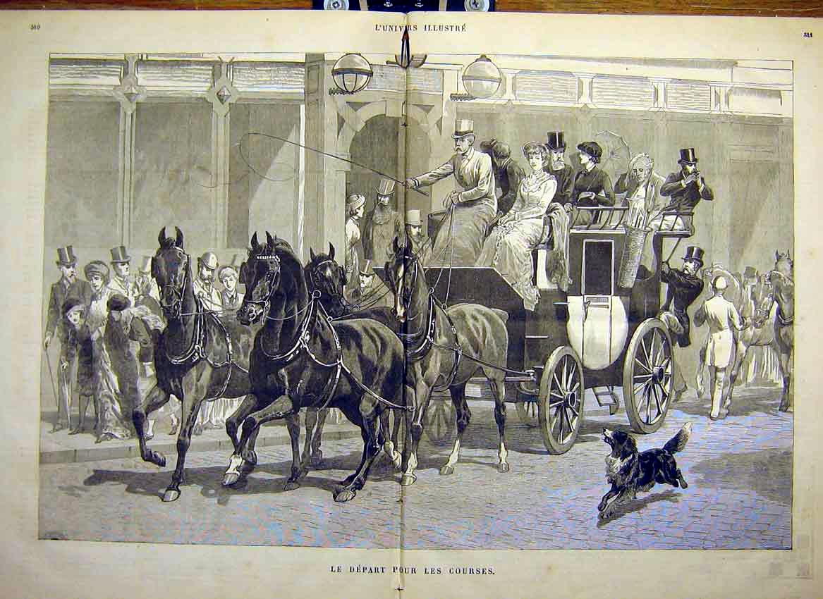 Original Old Antique Print Carriage Departure Coursing Hunting Horses 1881 19th