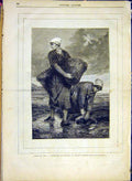 Original Old Antique Print Mussel Fishing Women Dieppe Beyle French 1881 19th