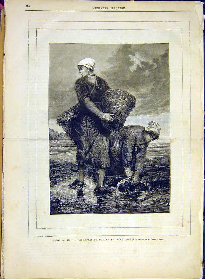 Original Old Antique Print Mussel Fishing Women Dieppe Beyle French 1881 19th