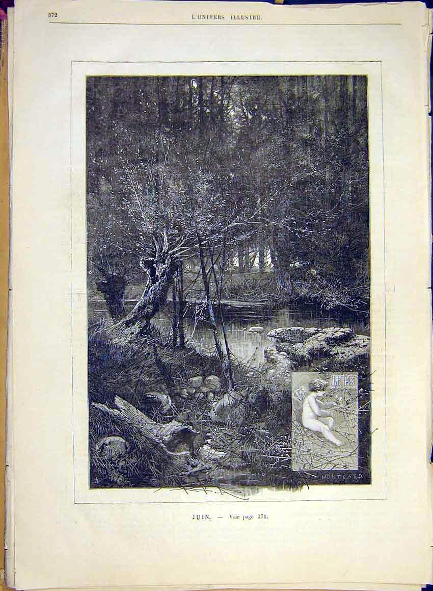 Original Old Antique Print Month June Calendar Montbard Sketch French 1881 19th