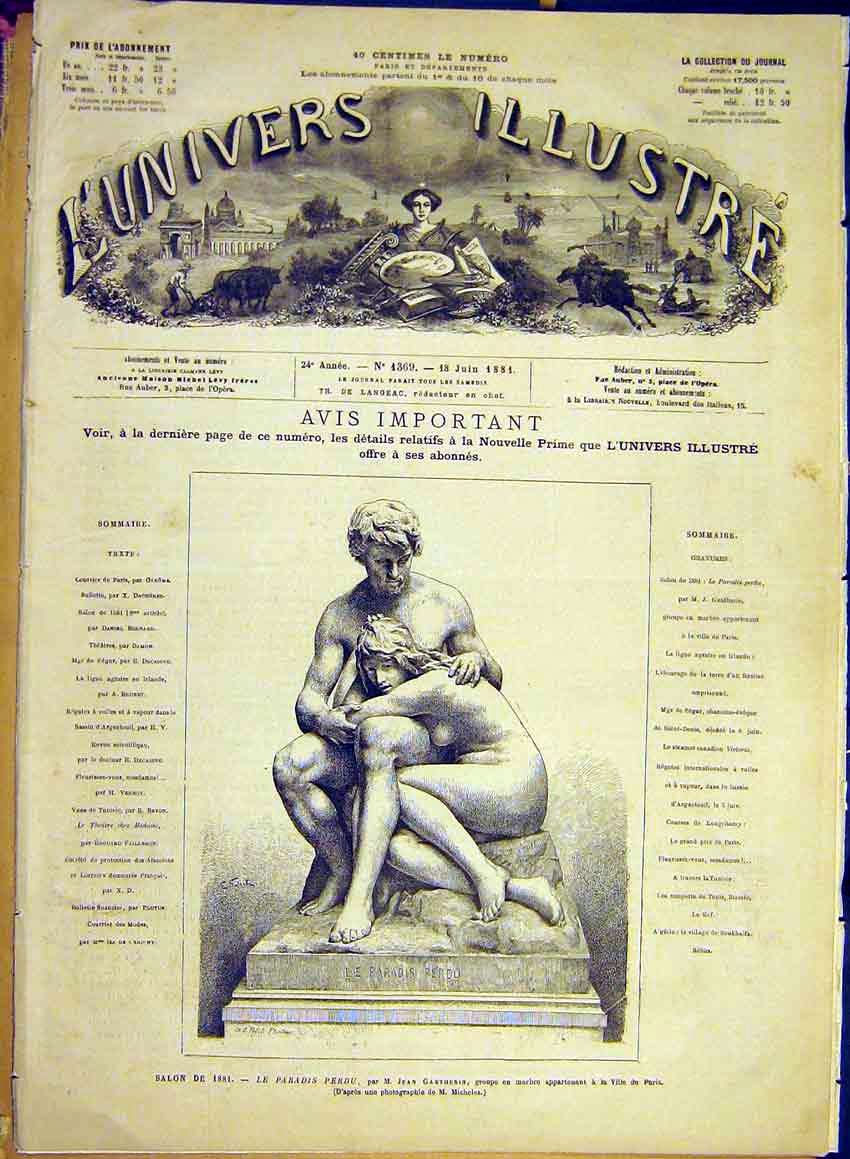 Original Old Antique Print Statue Paradis Perdu Gautherin Paris France 1881 19th