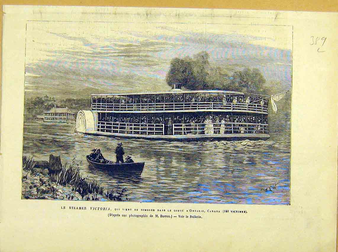 Original Old Antique Print Steamer Victoria Ship Ontario Canada French 1881