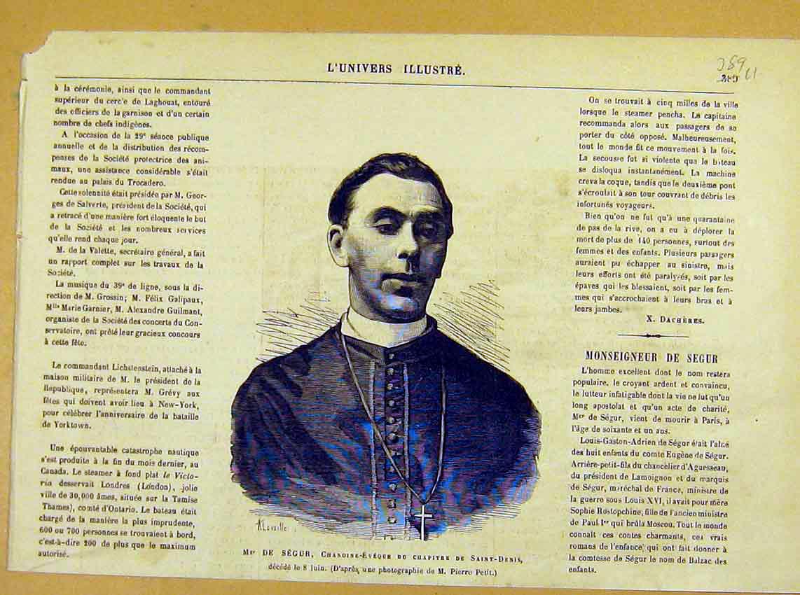 Original Old Antique Print Portrait Segur Saint-Denis Religious Priest 1881
