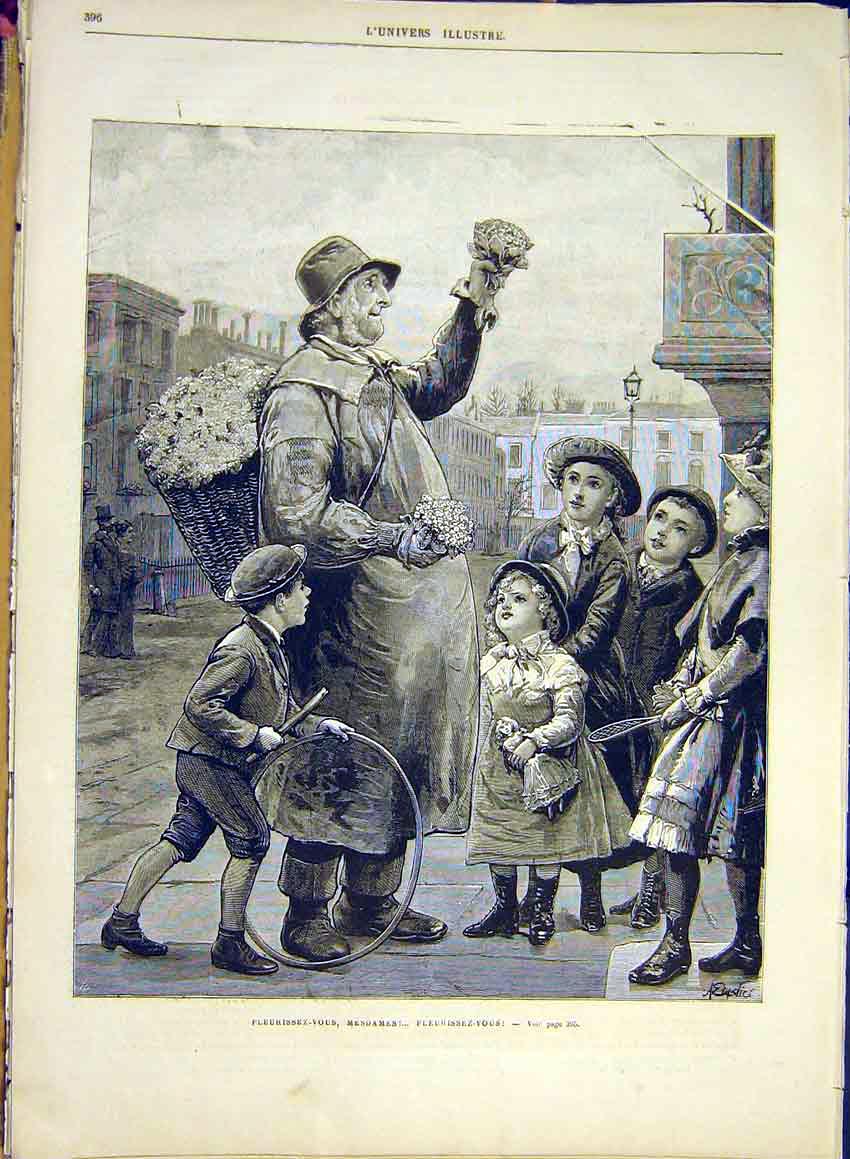 Original Old Antique Print Flower-Seller Children Flowers Street French 1881