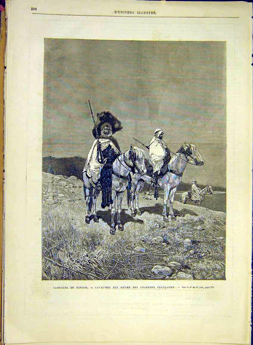 Original Old Antique Print Campaign Tunisia Cavalry Guard French 1881 Victorian
