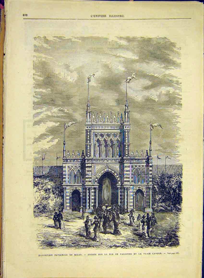 Original Old Antique Print Exhibition Milan Italy Cavour Palestro 1881 Victorian