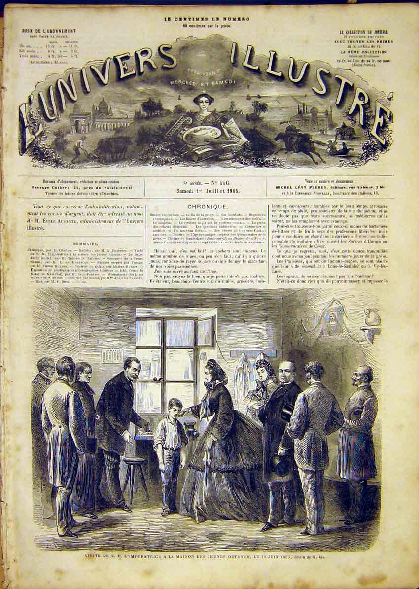 Original Old Antique Print Empress Young Prisoners House French 1865 Victorian