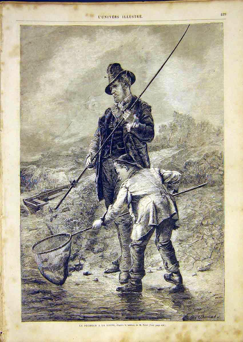 Original Old Antique Print Fishermen Fishing Boy Ligne Nets Nicol 1865 Victorian