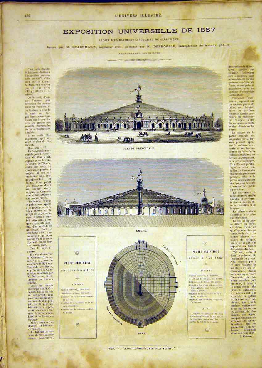 Original Old Antique Print Universal Exhibition Fa∆üã®´Ade Plan Buildings 1865