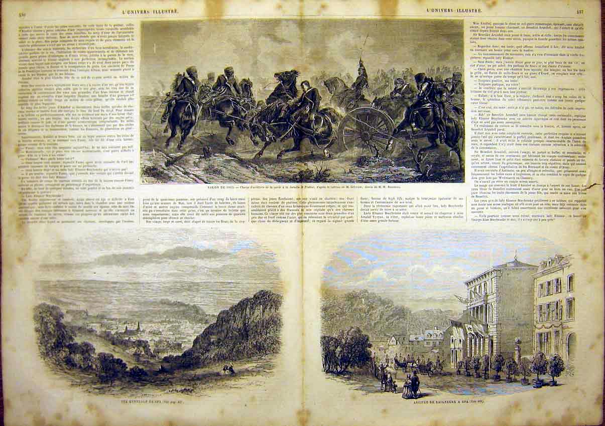 Original Old Antique Print Artillery Military Schreyer Spa View French 1865