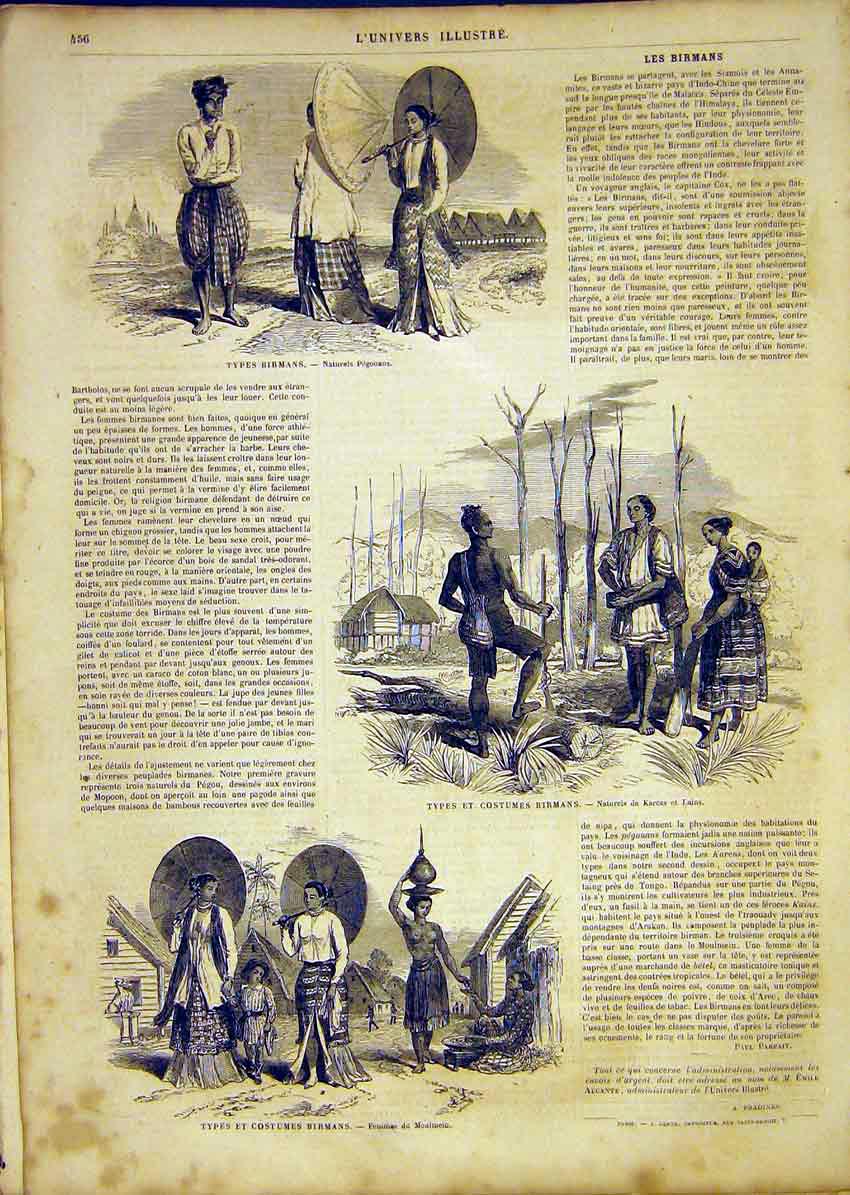 Original Old Antique Print Birmese People Fashion Costumes French 1865 Victorian