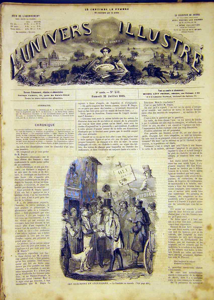 Original Old Antique Print England Elections Candidate Votes French 1865 19th