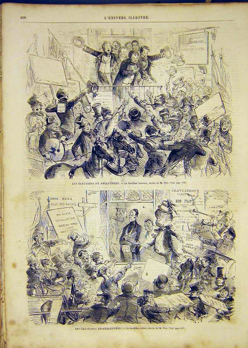 Original Old Antique Print Elections England Phiz Candidate French 1865 19th