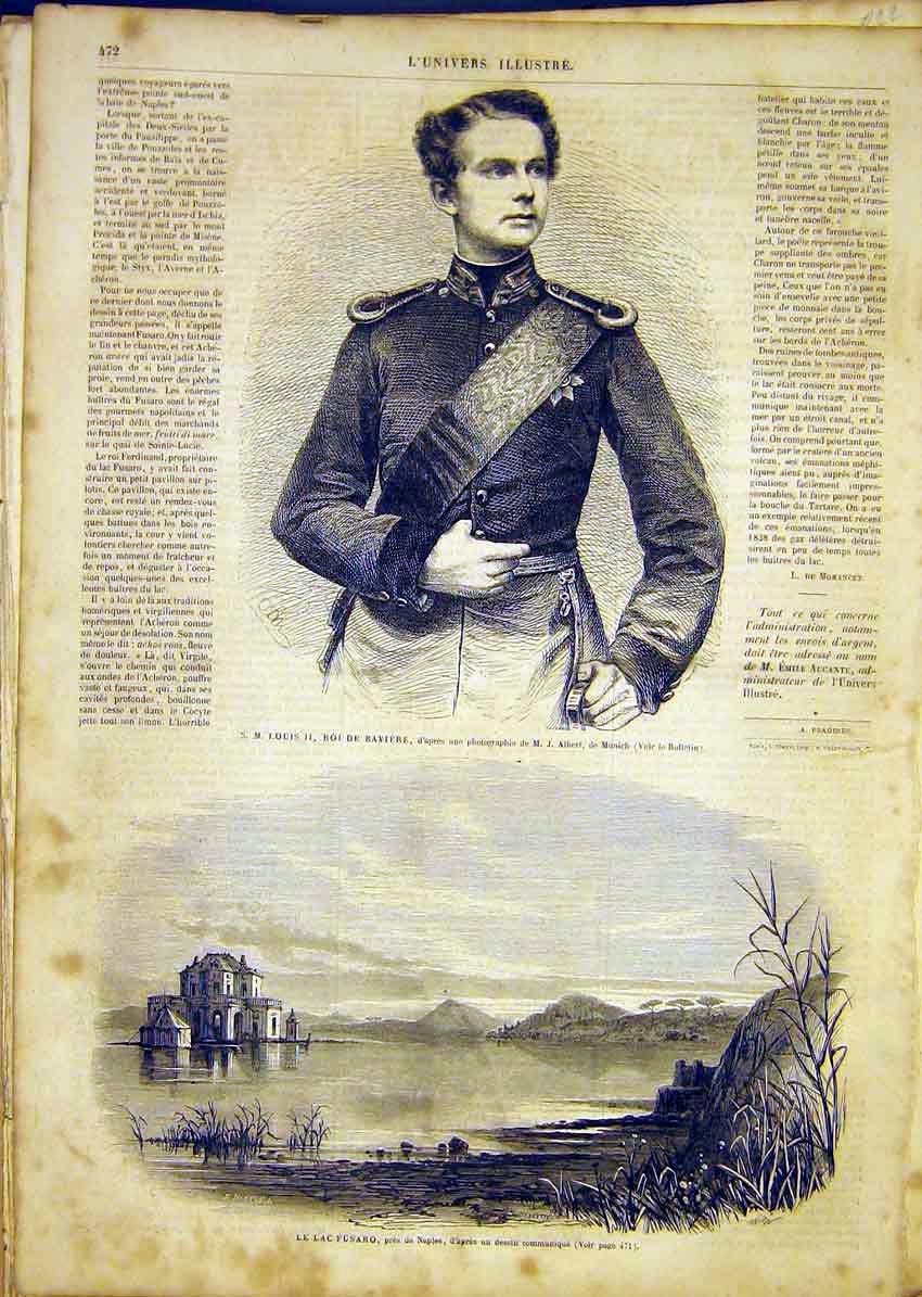Original Old Antique Print Portrait Louis King Bavaria Lake Fusaro Naples 1865