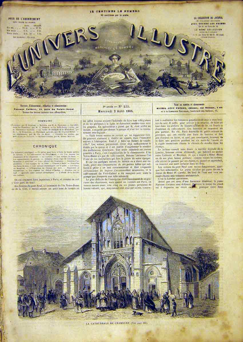 Original Old Antique Print Cathedral Chambery Religious French 1865 Victorian