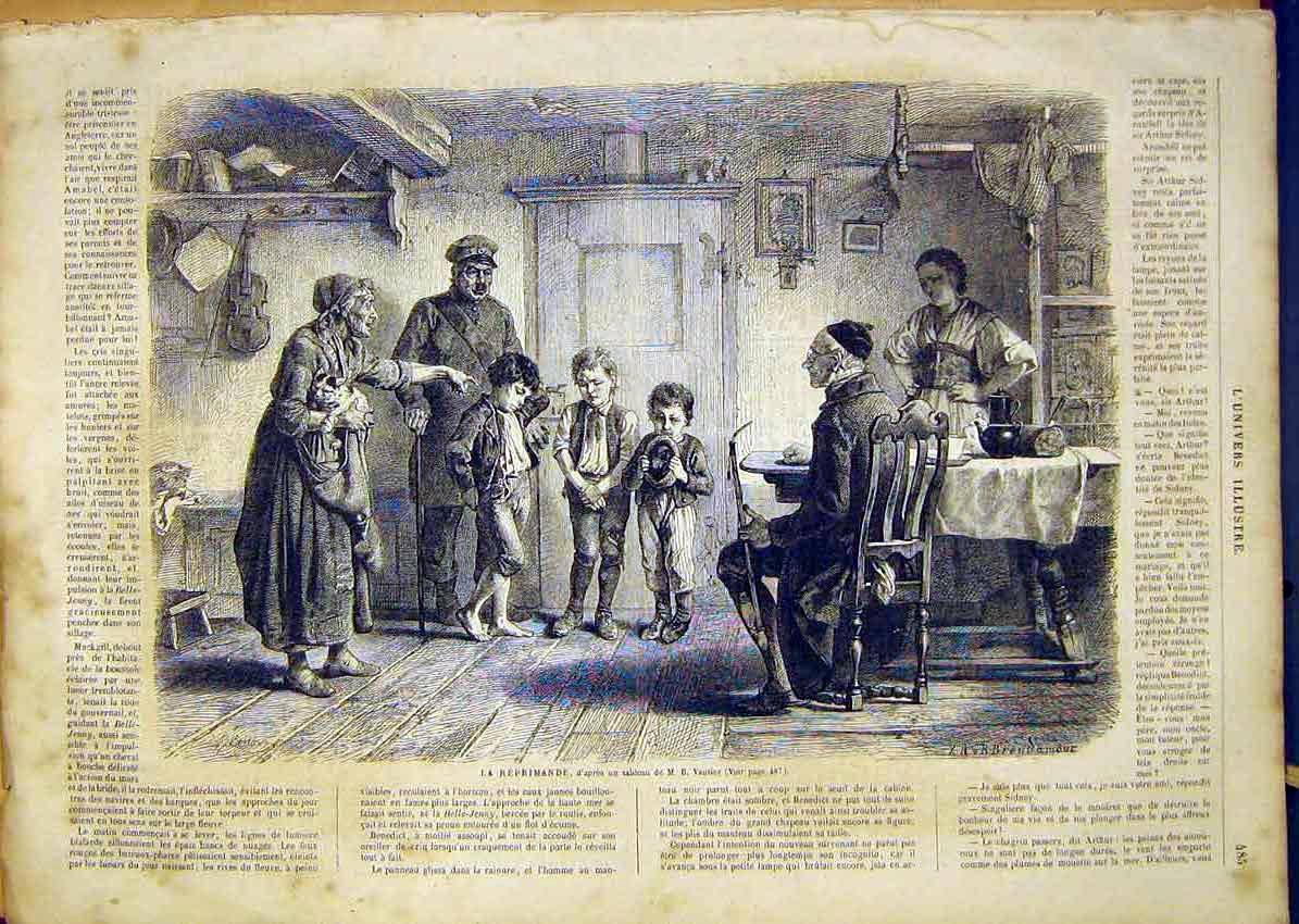 Original Old Antique Print Reprimand Punishment Vautier Boys French 1865 19th