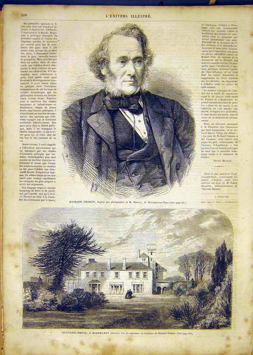 Original Old Antique Print Portrait Cobden Dunford House Middhurst Sussex 1865