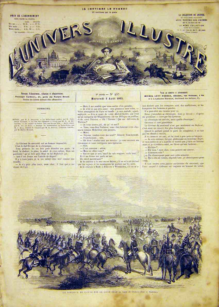 Original Old Antique Print Chalons Cavalry Luneville Military French 1865 19th