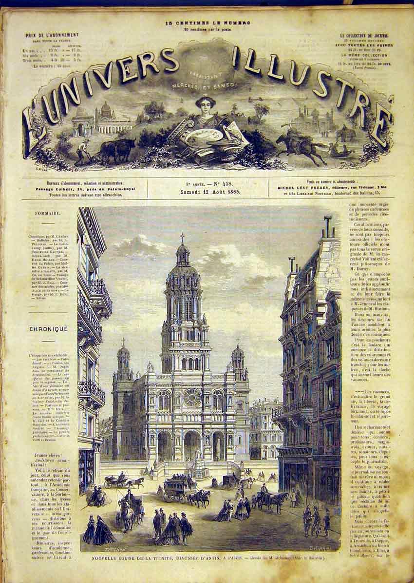 Original Old Antique Print Church Trinity Antin Paris France French 1865 19th