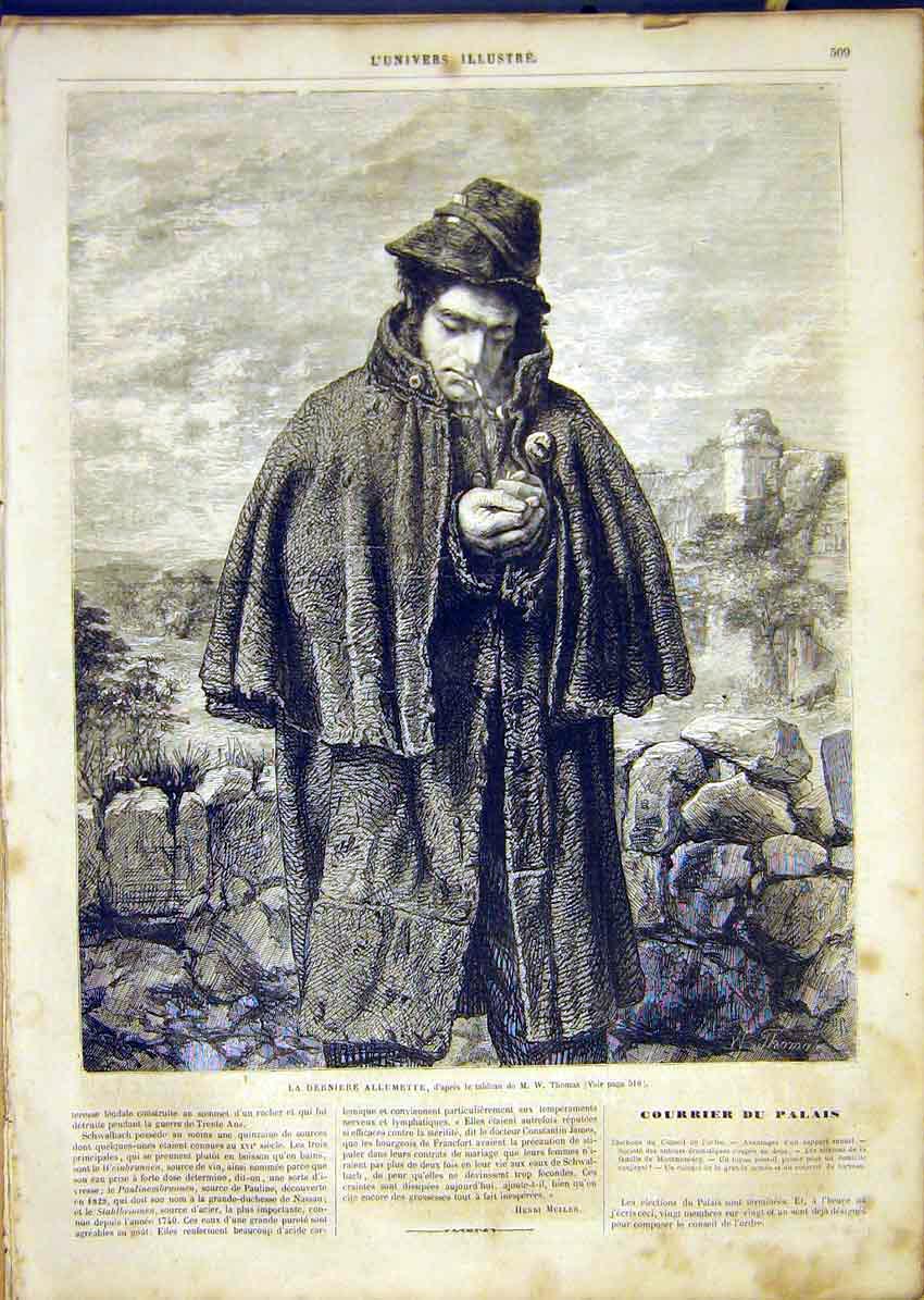 Original Old Antique Print Pipe Smoker Man Thomas Portrait French 1865 Victorian