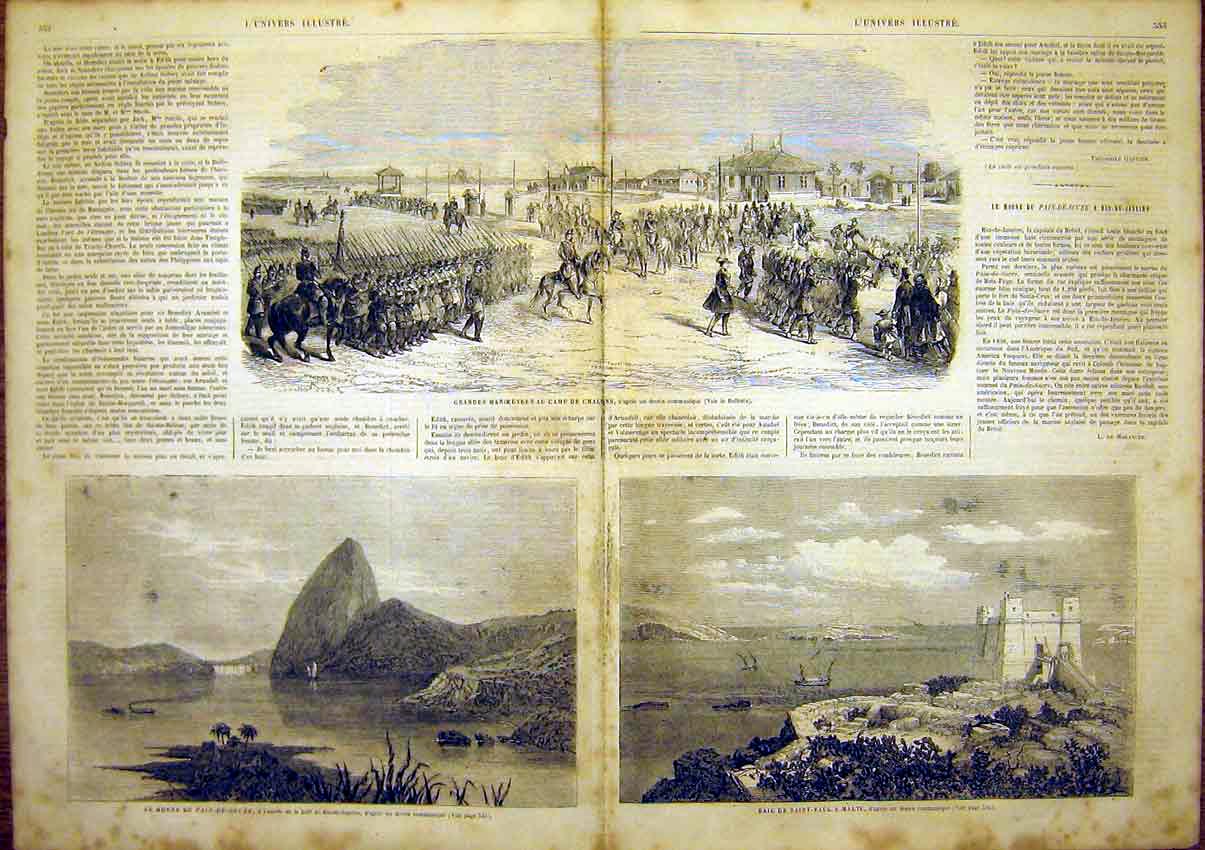 Old Antique Print Military Manoeuvres Chalons Malta Rio-De-Janiero 1865 19th