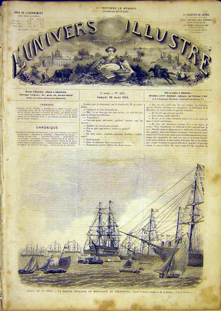 Original Old Antique Print Fete Cherbourg Ships Flotilla Boats French 1865 19th