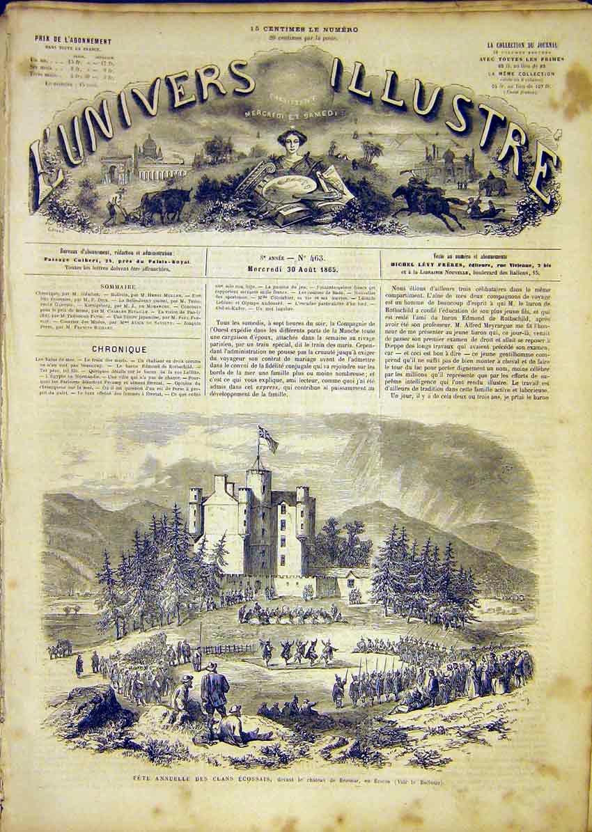 Original Old Antique Print Fete Scottish Scotalnd Braemar Clans French 1865 19th
