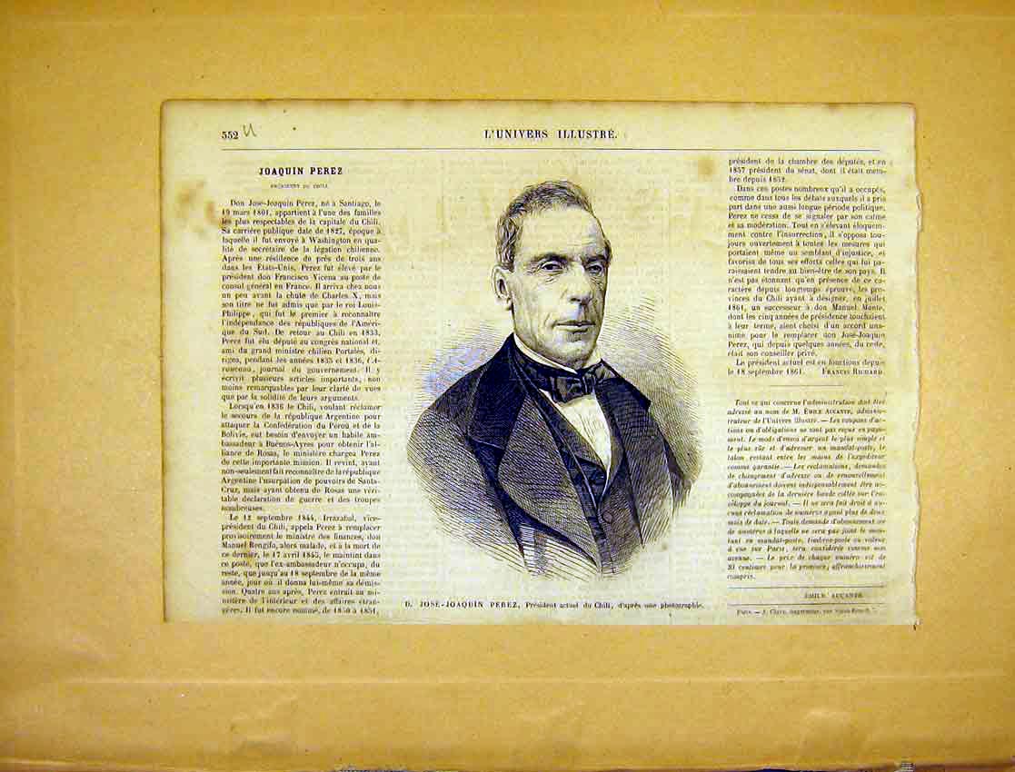 Original Old Antique Print Portrait Jose-Joaquin Perez Chili French 1865 19th