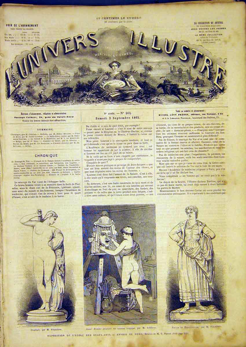 Original Old Antique Print School Arts Rome Statues Falguieres French 1865 19th