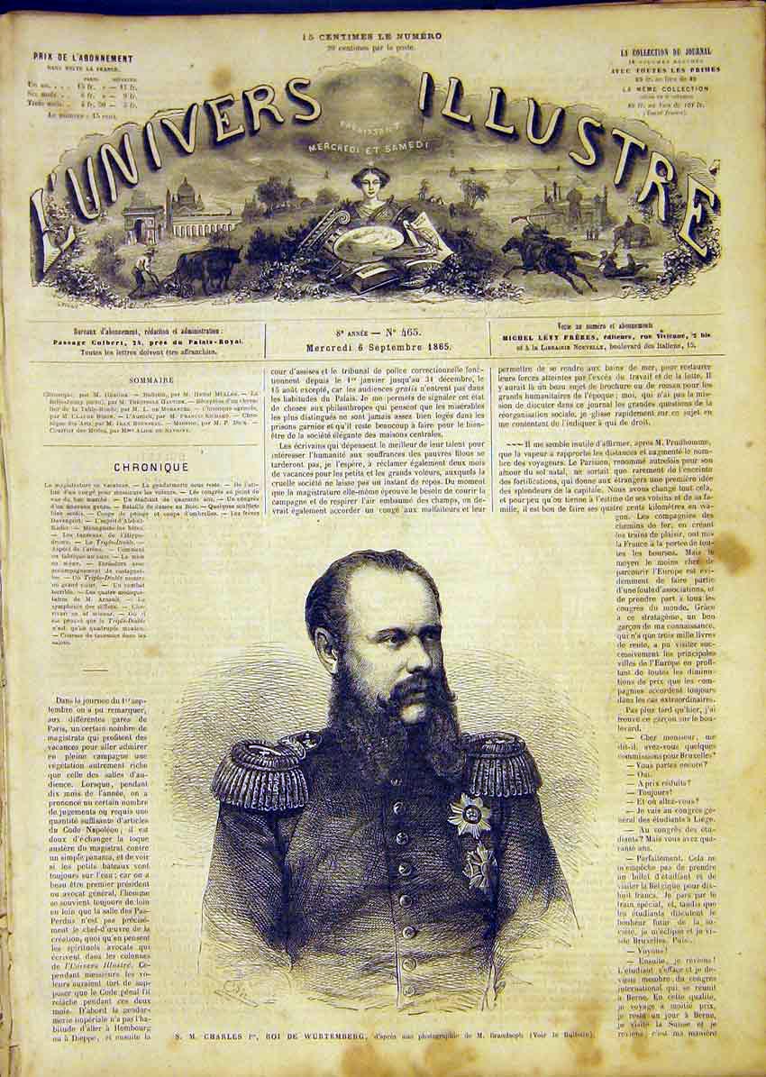 Original Old Antique Print Portrait Charles Wurtemberg Brandseph French 1865