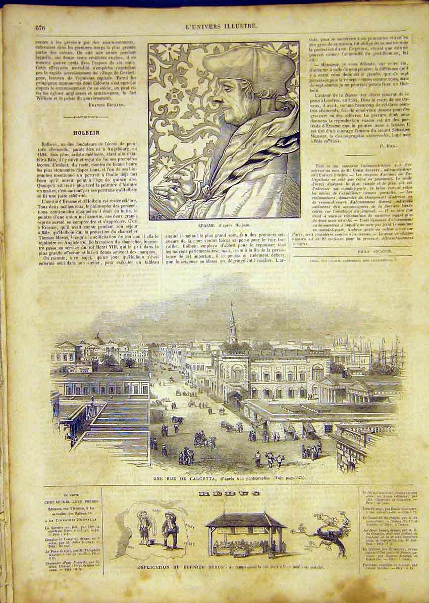 Original Old Antique Print Erasme Holbein Calcutta Street French 1865 Victorian