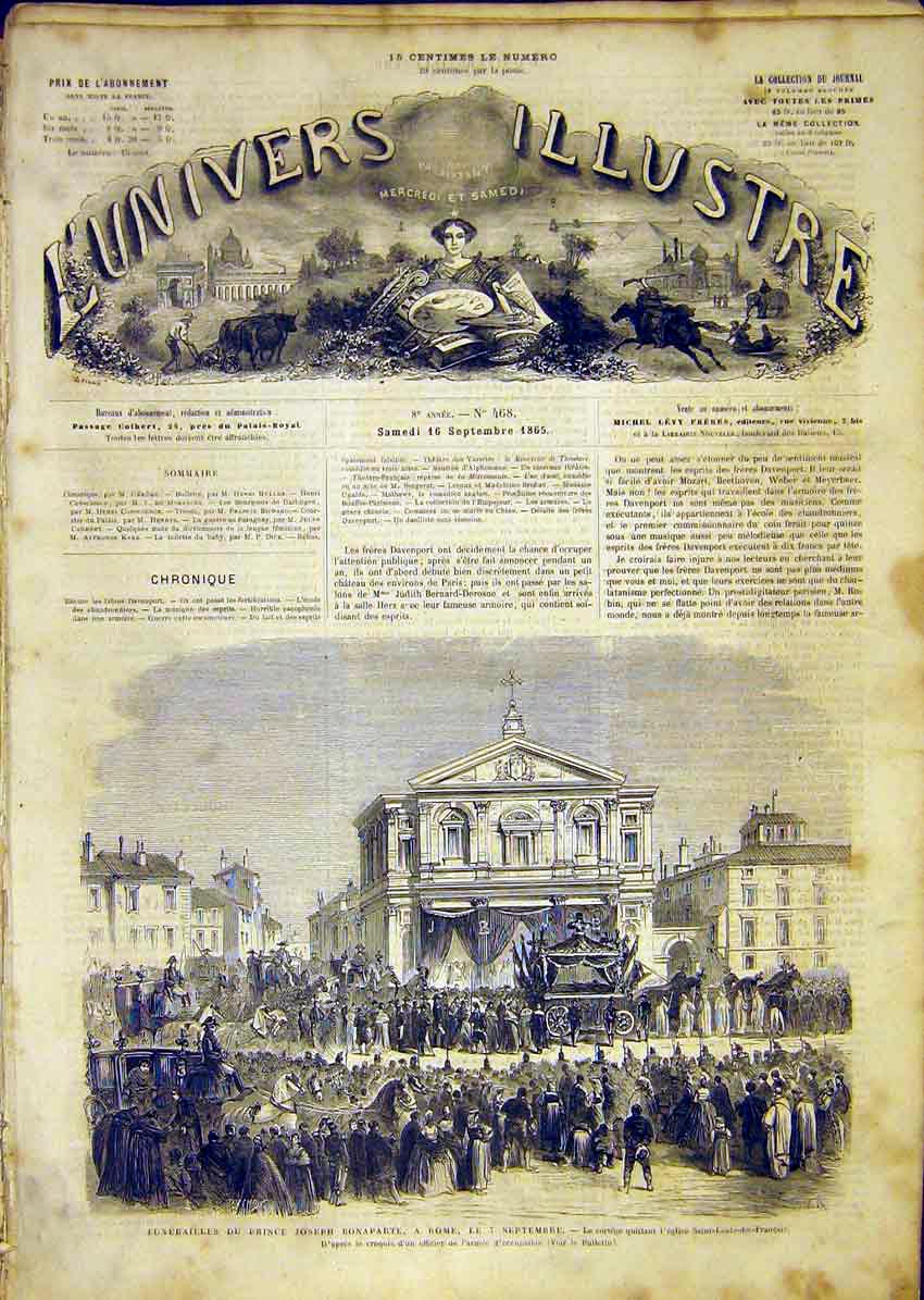 Original Old Antique Print Funeral Prince Bonaparte Rome Italy French 1865 19th