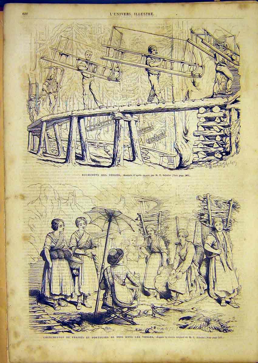 Original Old Antique Print Forest Porters Schuler Ladies Wood French 1865 19th
