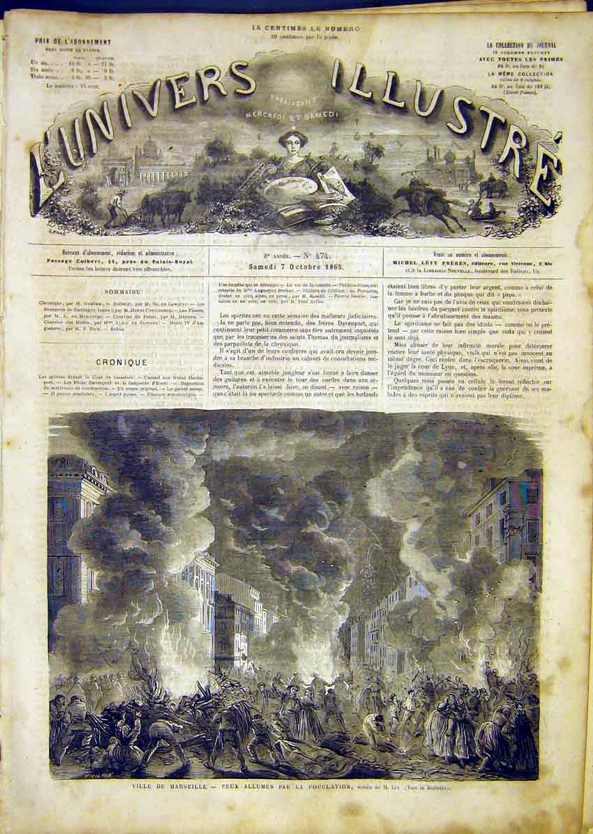Original Old Antique Print Marseille Fire City France French 1865 19th