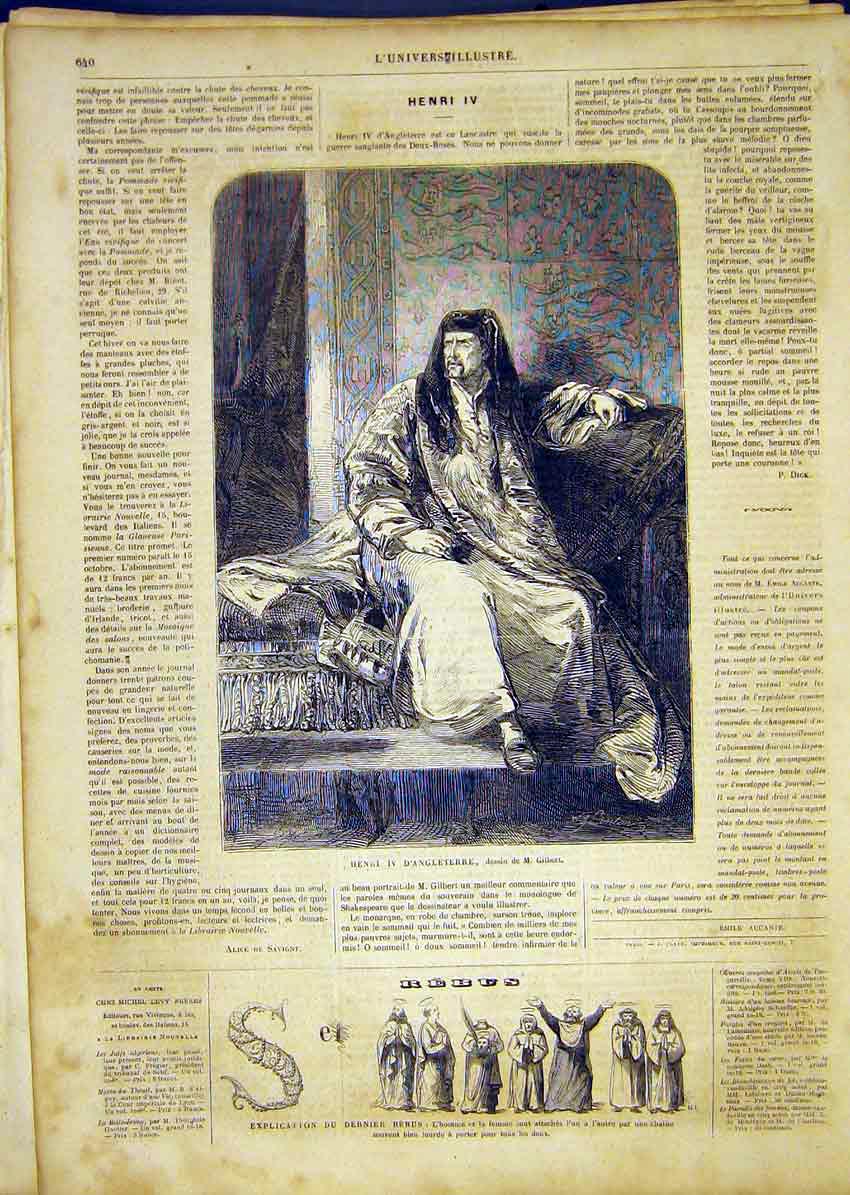 Original Old Antique Print Portrait King Henry England Gilbert French 1865 19th