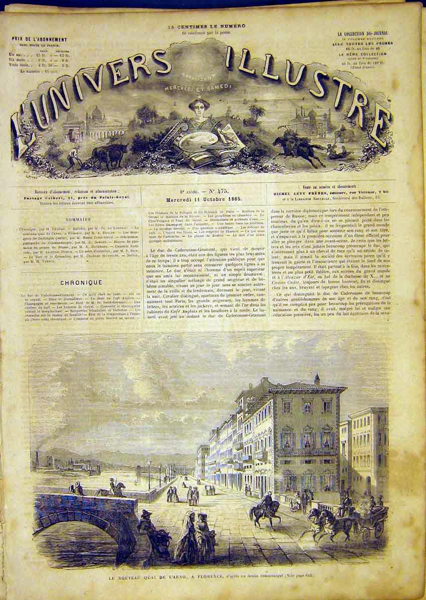 Original Old Antique Print Florence Quay L'Arno Buildings French 1865 Victorian