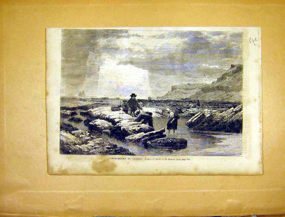 Original Old Antique Print Fishermen Crabs Fishing Sea Duncan French 1865 19th