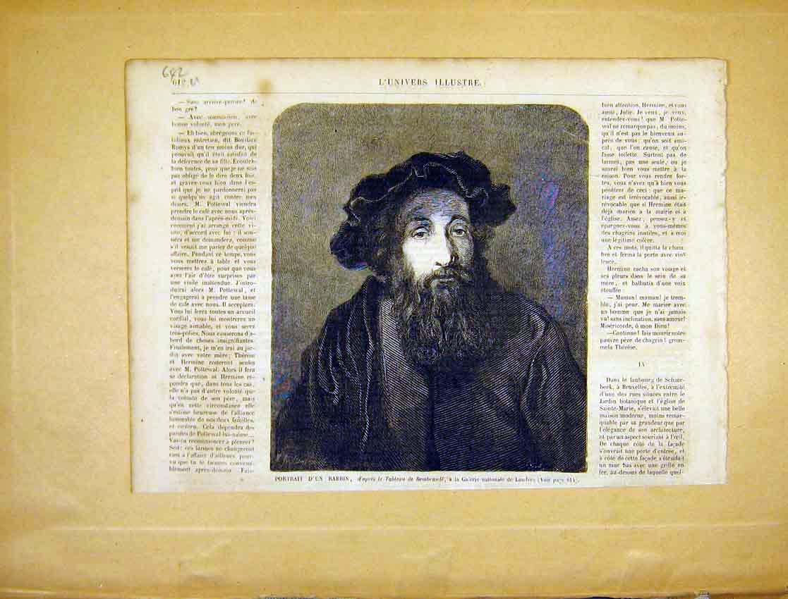 Original Old Antique Print Portrait Rabbin Rembrandt London French 1865 19th
