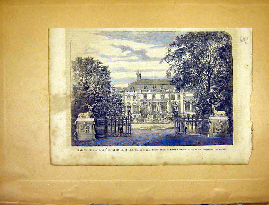 Original Old Antique Print Glienicke Potsdam Prussia Prince French 1865 19th