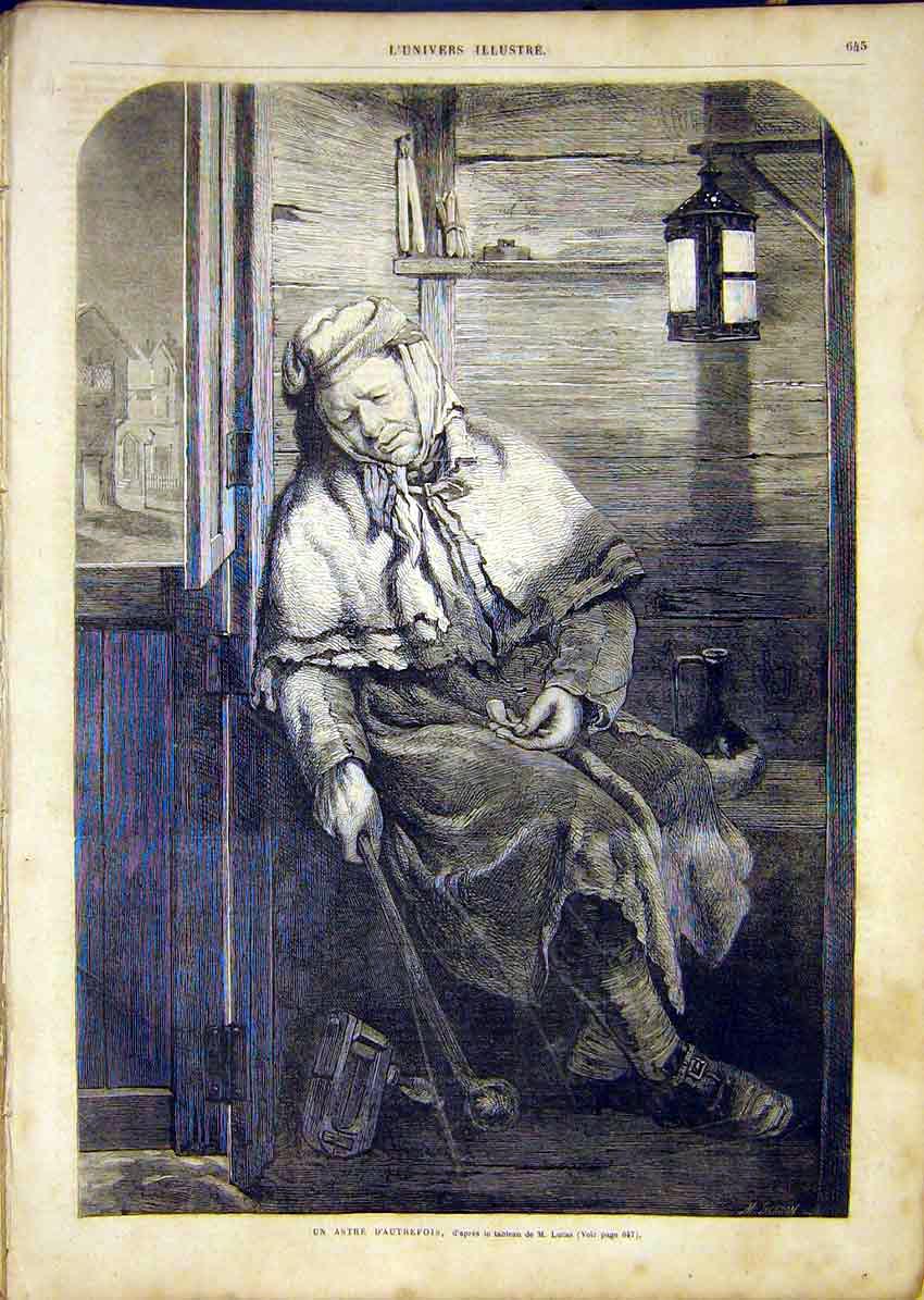 Original Old Antique Print Portrait Woman Smoker Pipe Lucas French 1865 19th