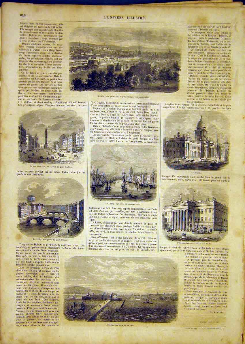 Original Old Antique Print Hospital Dublin Liffey Sackville Ireland 1865 19th