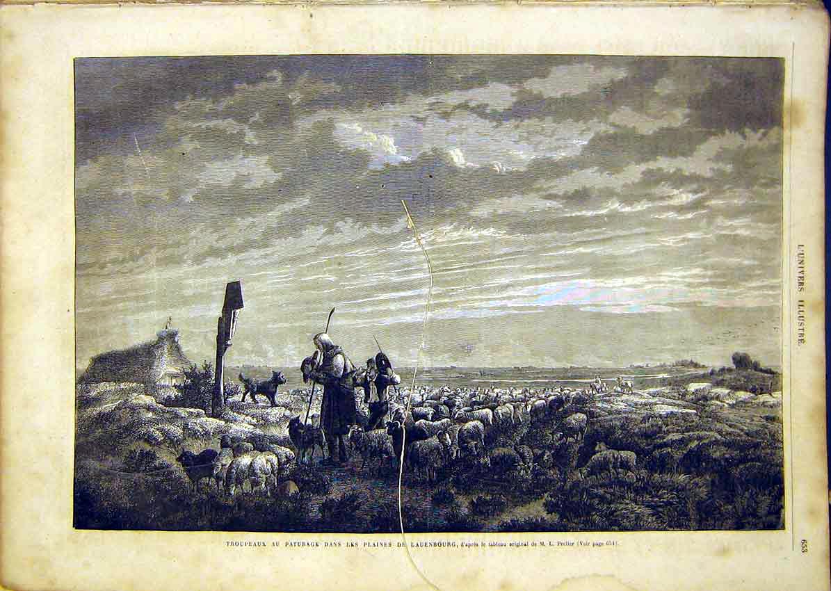 Original Old Antique Print Shepherd Sheep Farmer Lauenbourg French 18650 19th