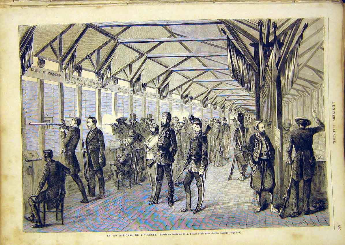 Original Old Antique Print Shooting Vincennes Beauce Sport French 1865 Victorian