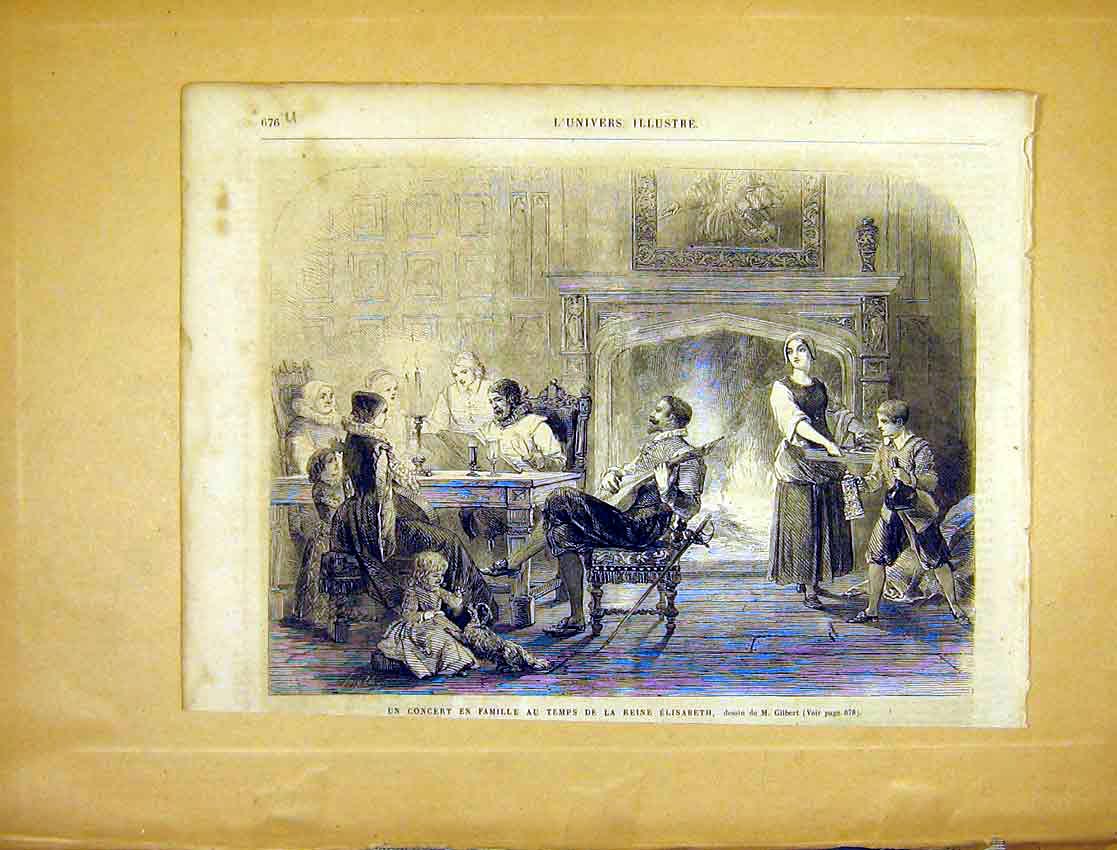Original Old Antique Print Concert Family Elizabeth Reign Music French 1865